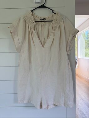 Zara Cream Smocked-Neck Short-Sleeve Tunic Top